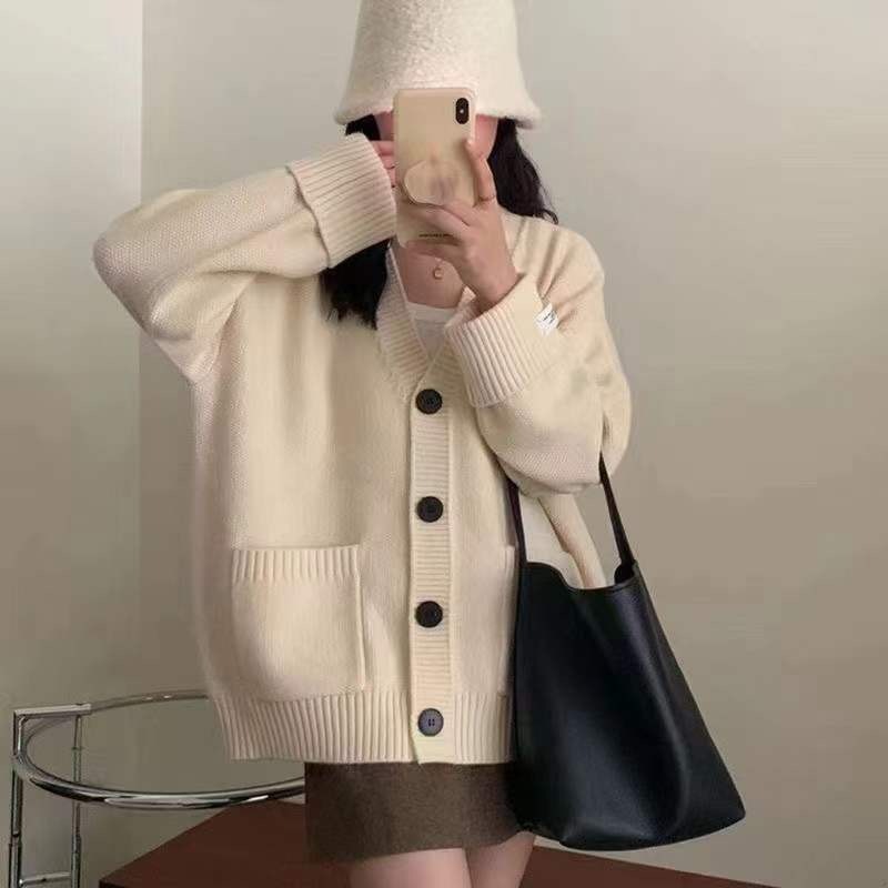 秋冬新款女装韩版宽松v领针织衫外套女卷边袖贴标慵懒风毛衣开衫|undefined