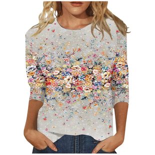 Cross-border 2023 Women's clothing new simple letter 3D printed women's clothing European and American casual round neck 3/4 sleeve can be customized-system