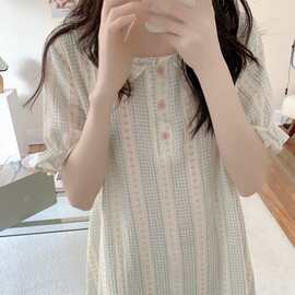 韩国ins女士夏季新款韩版可爱娃娃领宽松碎花纱布睡衣家居服睡裙