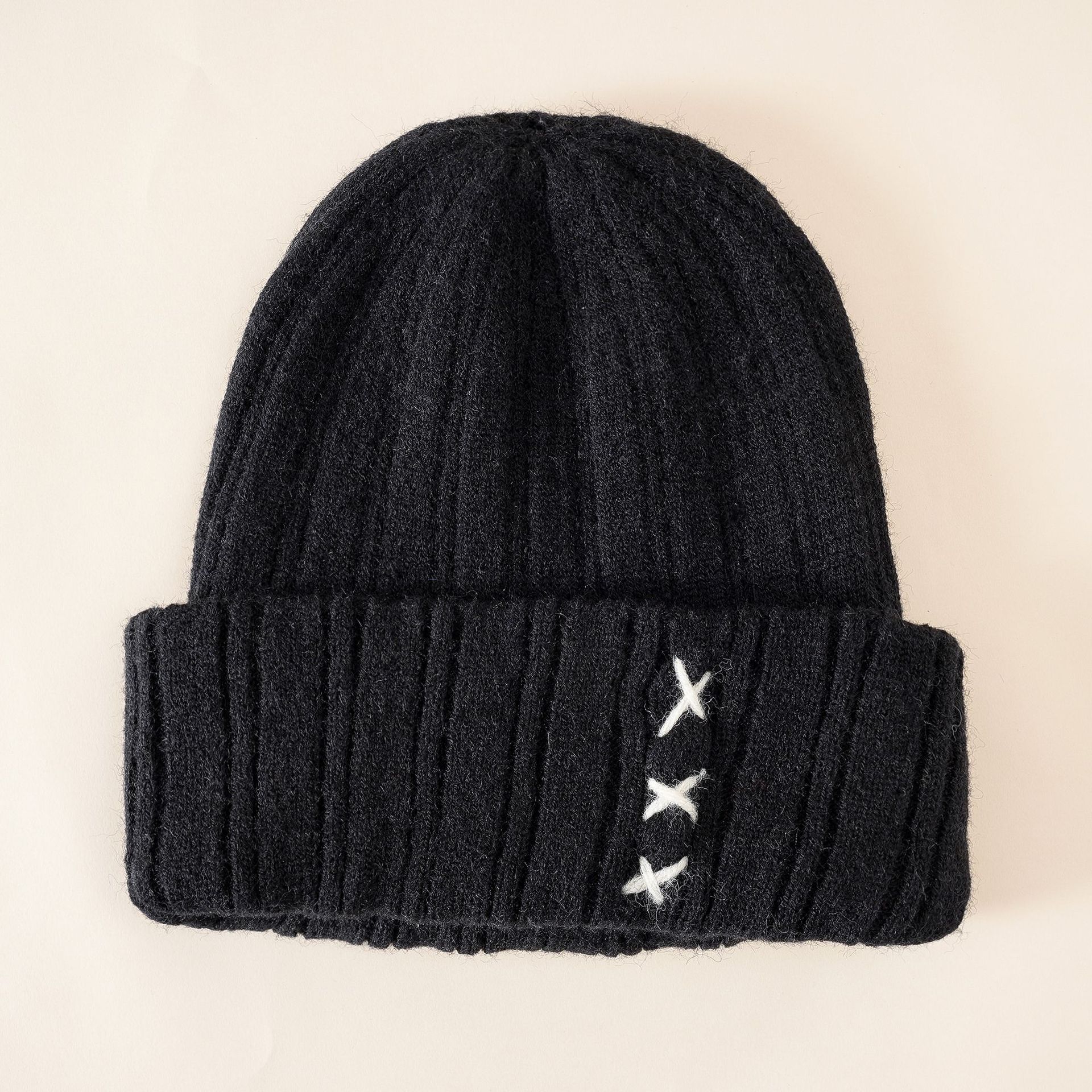 Estilo coreano de moda hecho a mano de costura casual simple sombrero de punto de otoño e invierno cálido frío sombrero doble sombrero de lana gruesa para mujeres