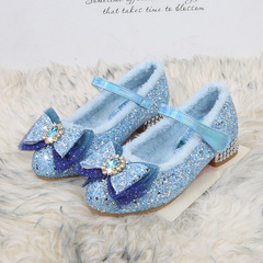 Children's Warm Cotton Shoes for Autumn/Winter, Calfskin Sole, Anti-Slip, Magic Tape, Elsa Princess High Heels, Fleece Lined, Girls' Shoes