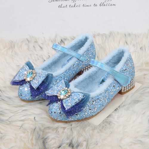 秋冬季儿童保暖棉鞋牛筋底防滑魔术贴爱莎公主高跟加绒女童鞋