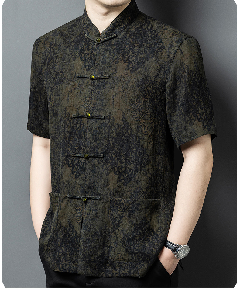 Áo sơ mi nam tay ngắn cổ đứng kiểu Trung Hoa lụa tơ tằm Mulberry Silk — Quân đội xanh 625179 chi tiết 10