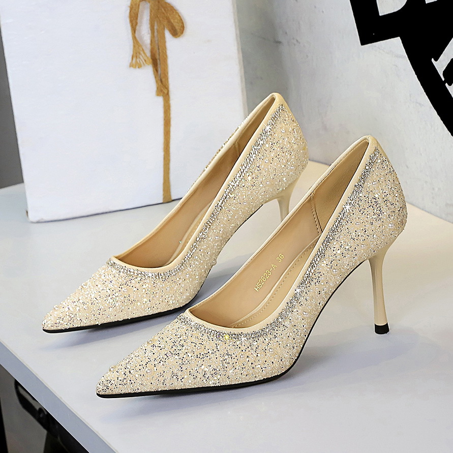 2623-A French Style Banquet Elegant High Heels With Sequins And Beads, Pointed Toe, Shallow Mouth, Stiletto, Slip-On_voghion.com