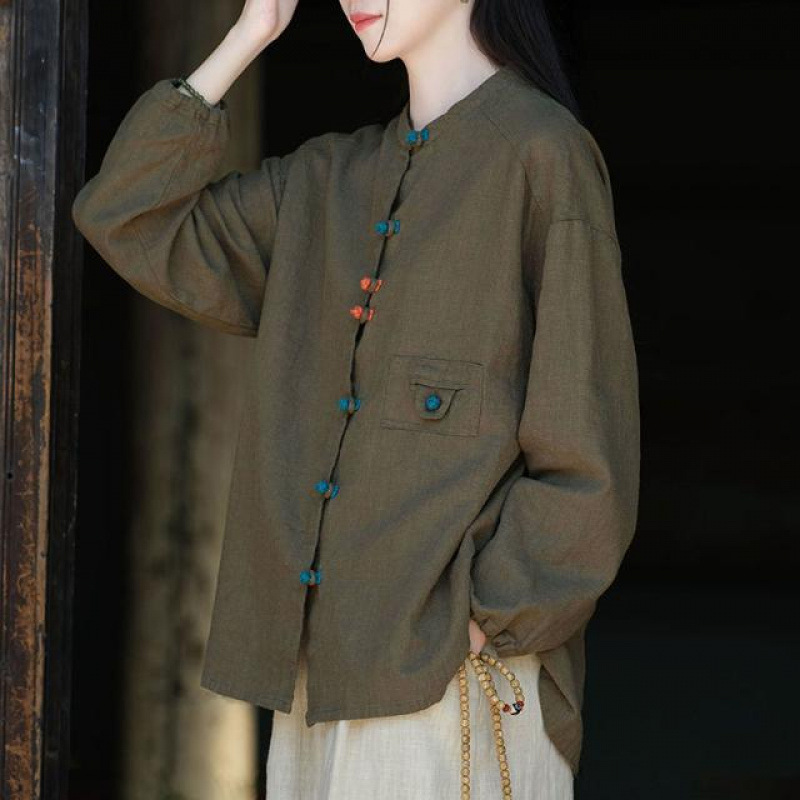 新中国式綿麻盤ボタンシャツ文芸亜麻長袖上着女性茶服女性禅意春秋国風カーディガン|undefined