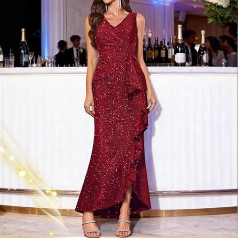 2026 Amazon European and American Cross-Border New Women's Clothing Sexy V-Neck Dress Sequined Slit Evening Dress