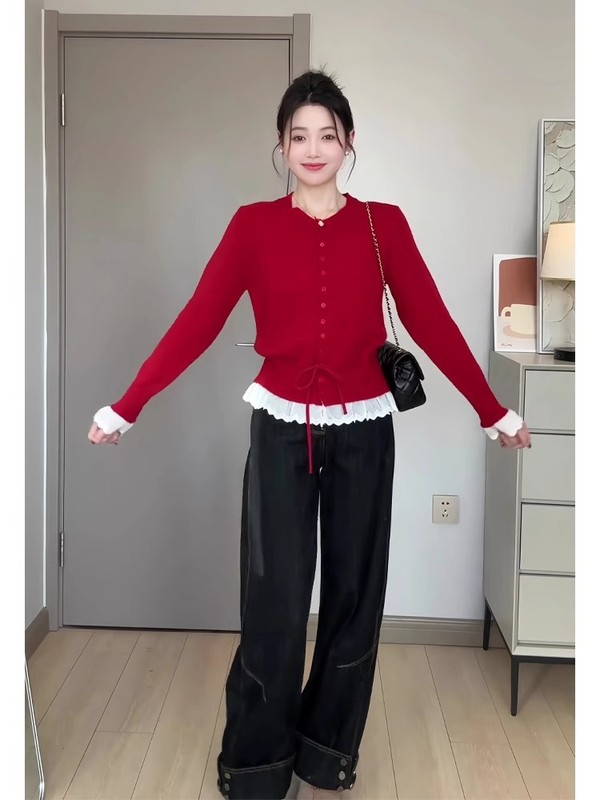 红色针织衫毛衣女秋季新款甜美风设计感荷叶边系带长袖打底衫上衣|undefined