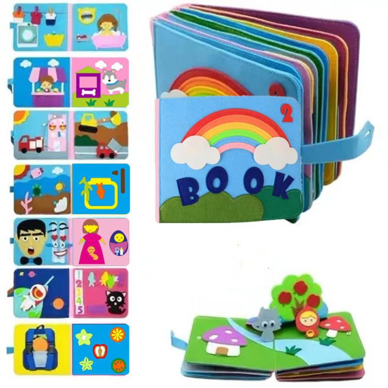 Libro de tela de fieltro, productos educativos, libros de educación temprana estereoscópicos Mons lavables para niños ocupados fieltro arco iris tela libro