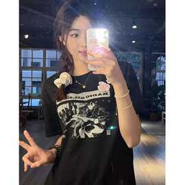 BM风新款美式黑色radio摇滚吉他手宽松短袖T恤女圆领印花显瘦上衣