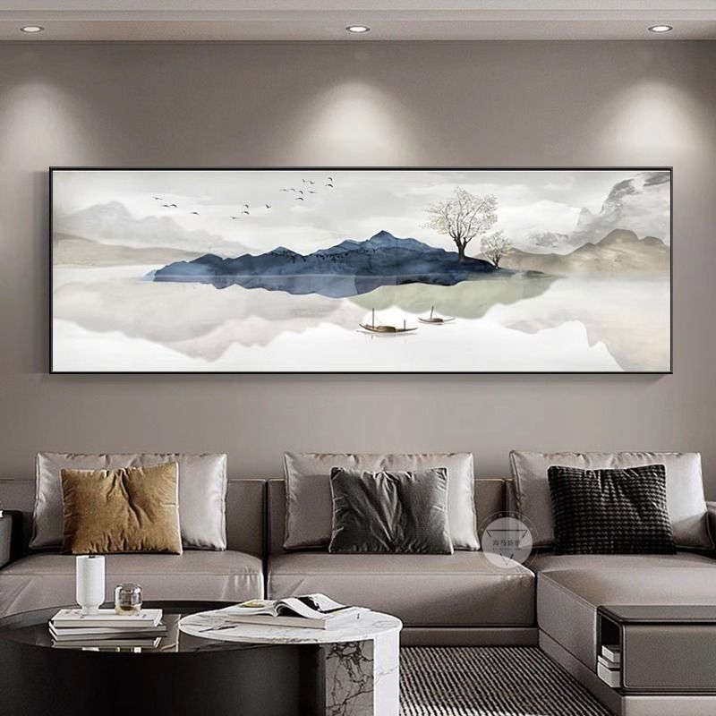 流水生財客間装飾画新中国式ソファー背景壁掛け画迎客松禅意茶室山水壁画|undefined