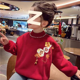 女童冬装一体绒加厚卫衣2025新款中大童韩版刺绣大红色喜庆拜年服