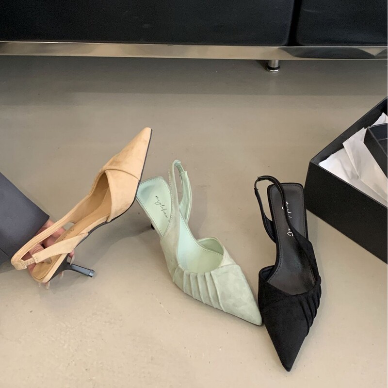2026 New Spring Style Pointed-Toe Stiletto Heels with Pleated Design, One-Strap Open-Back Shallow Pumps, Elegant Women's Shoes for Work and Dresses