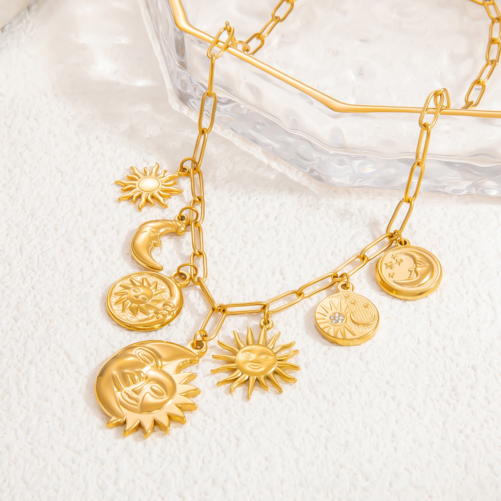 Casual, Party, Street Occasion PVD Coated Real Gold Plated 18K Gold Sun Moon Heart Shape Titanium Steel Elegant Waterproof Non Tarnish Titanium Steel Pendant Necklace