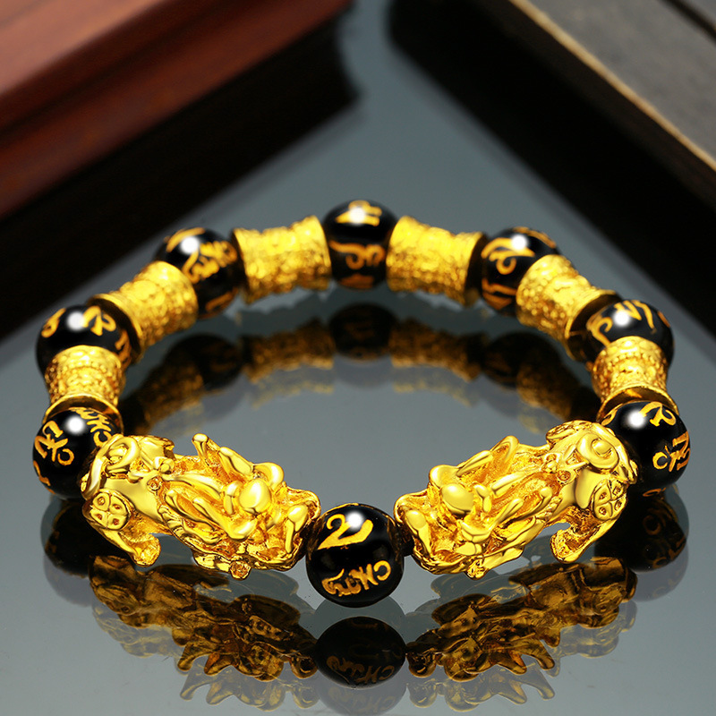 仿黄金貔貅男士女款网红抖音手串情侣黑曜石情侣越南沙金手链礼品