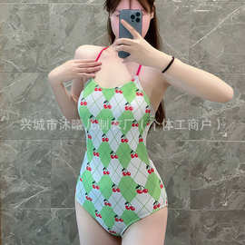 批发新款甜美少女水果印花纯欲专业竞速连体游泳衣女训练馆专用