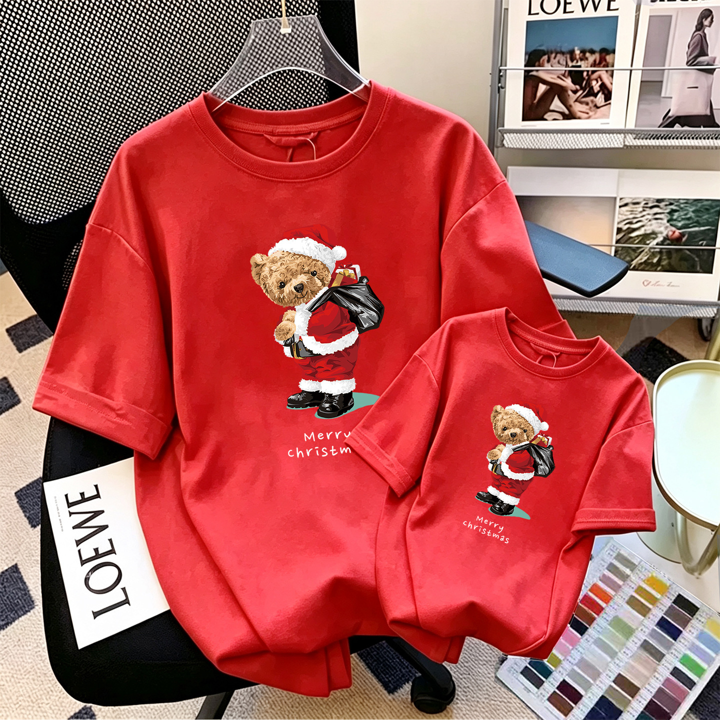 Bear Christmas Matching Short-Sleeve T-Shirts for Families of Three or Four, Kindergarten Class Uniforms, Mother-Child and Mother-Daughter Outfits