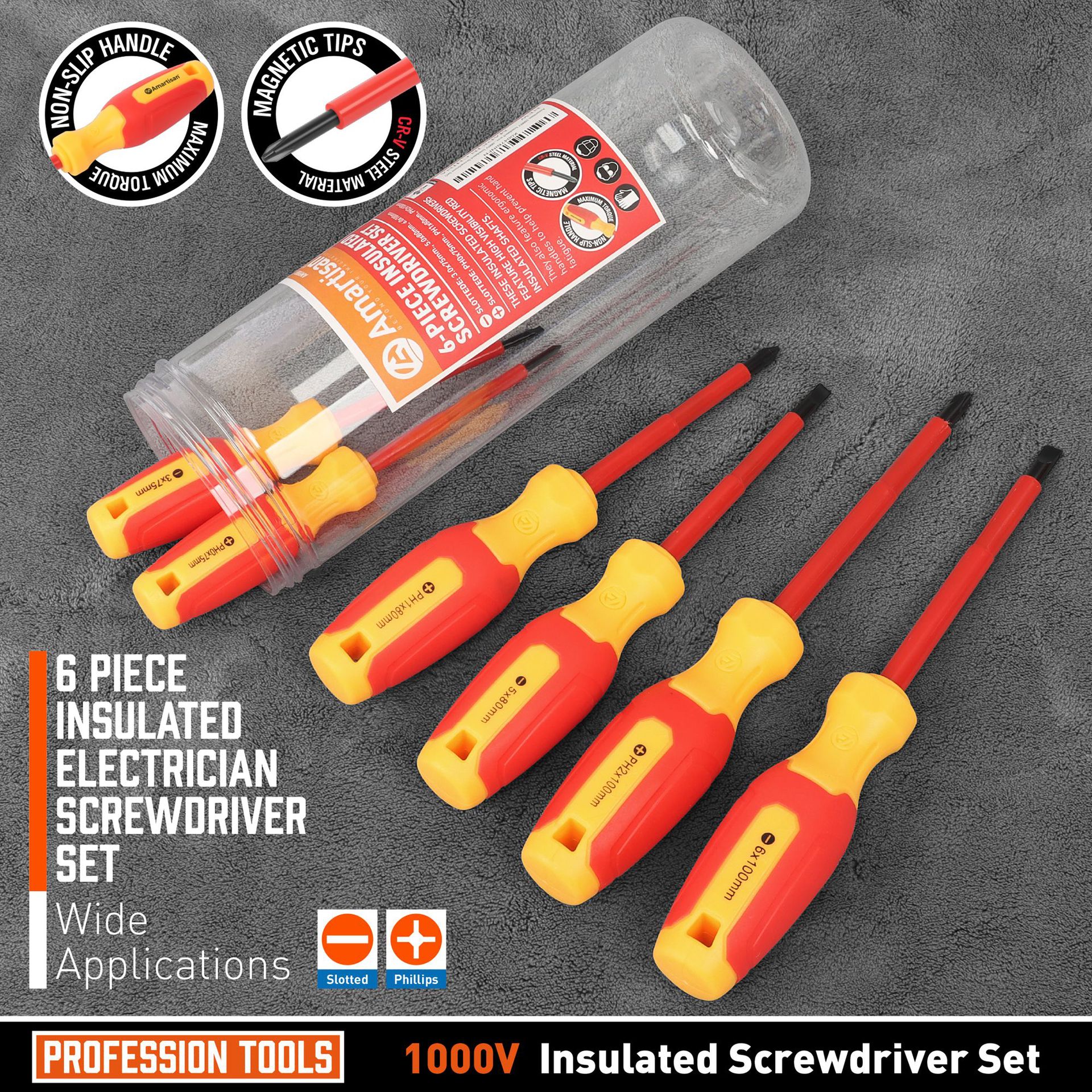 6 conjuntos de destornillador de aislamiento, conjunto de destornillador eléctrico de punta magnética (dornillador de aislamiento)