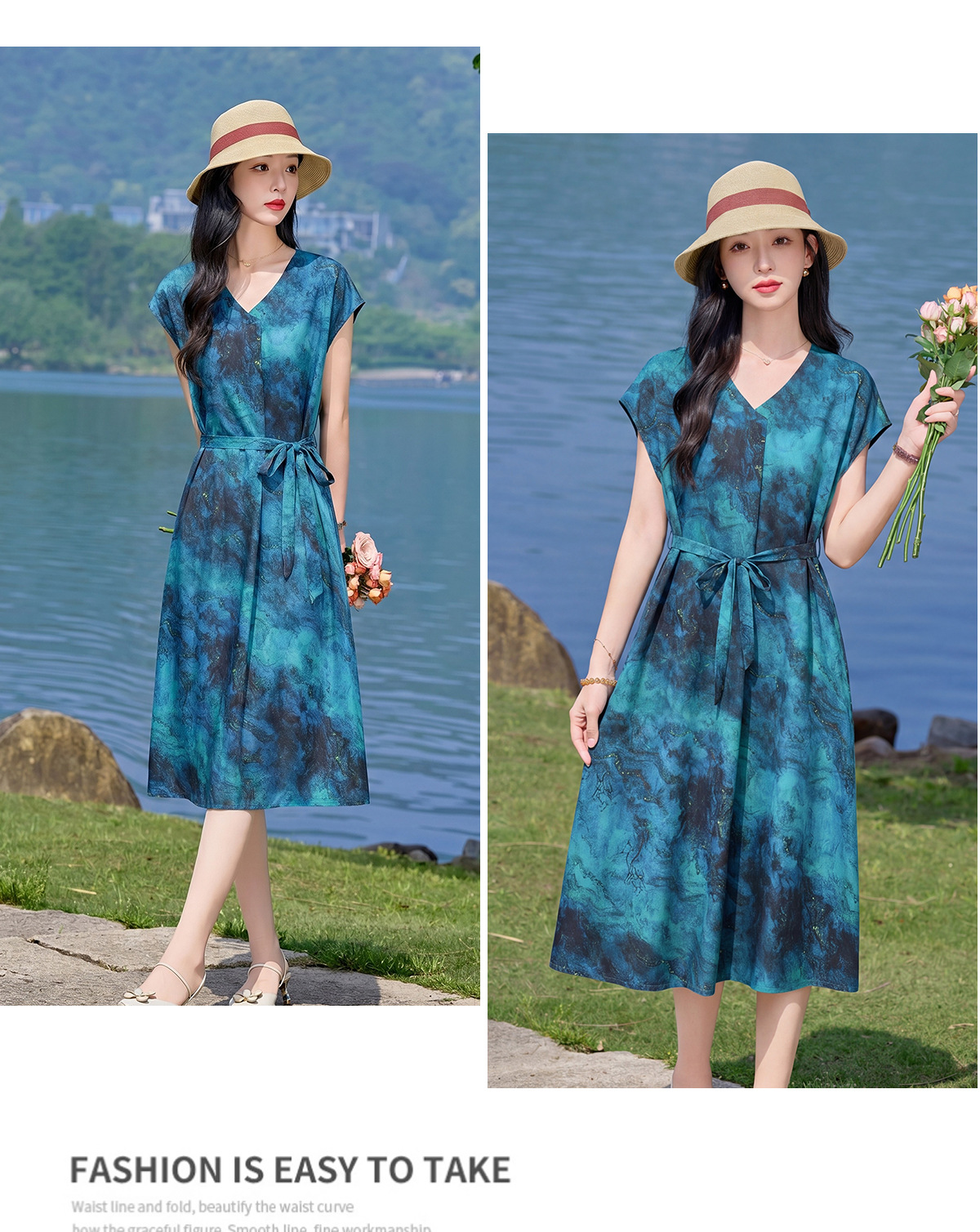 Đầm maxi nữ V cổ thắt eo họa tiết hoa nhí — xanh lam, màu vàng, màu đỏ chi tiết 22