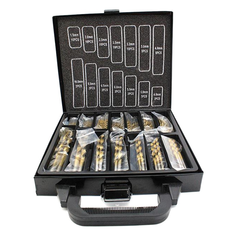 Taladro giratorio de 99 piezas en caja de hierro transfronterizo taladro de acero de alta velocidad Chapado en titanio taladro de torsión de acero de alta velocidad taladro de 99 piezas