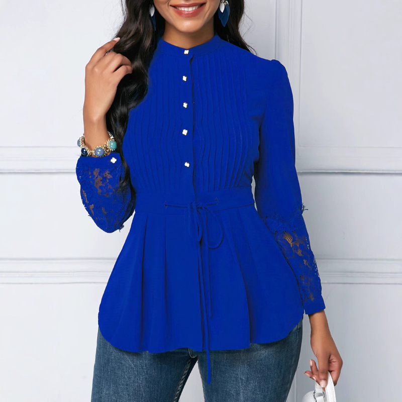 European and American Amazon plus size Women's Top Solid Color Collar Lace Stitching Lace Long Sleeve Business Wear Women's Shirt