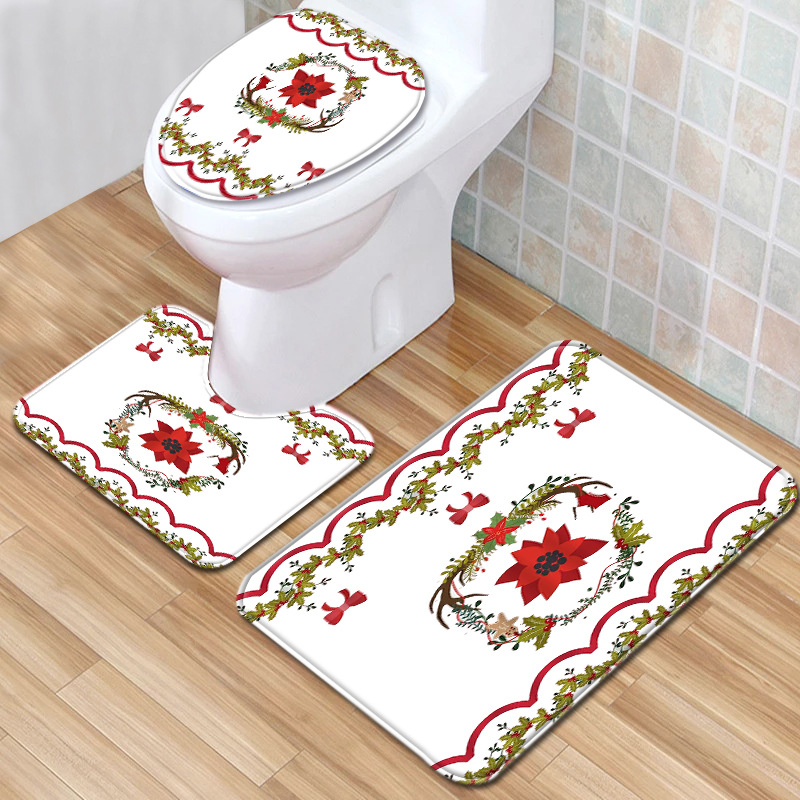 亚马逊新款圣诞马桶套装三件套雪人浴室防滑地垫卧室地毯一件代发