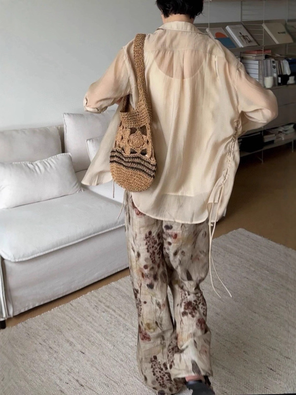 【不退不换】UMA 中式美学印花垂感抽绳天丝亚麻阔腿裤|undefined
