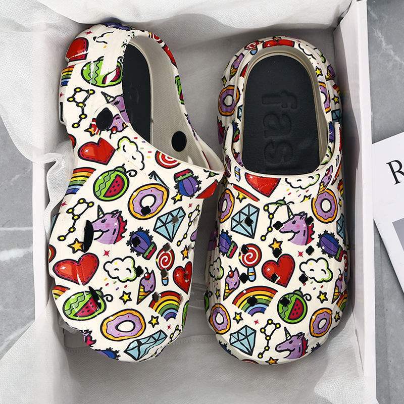 Croc Shoes for Women in Summer, Cartoon High-Looking Internet Celebrity Students, Thick-Soled Anti-Odor and Anti-Slip Outer Wear Baotou Beach Sandals