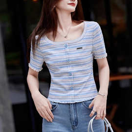 2025夏季时尚条纹修身显瘦百搭套头上衣潮韩版短袖U型领短款T恤女