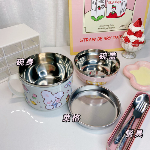 Wholesale stainless steel fast food cups with lids for canteen students, cute insulated lunch boxes, portable large instant noodle bowls for delivery