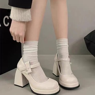 Ins~Thick Heel Mary Jane Shoes Women's Round Toe 2025 Summer Casual Japanese Style Soft Girl Jk Uniform Small Leather Shoes High Heels