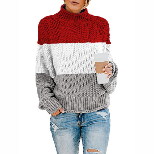 2022 cross-border wish autumn and winter new sweater sweater women's Amazon thick line color matching turtleneck pullover