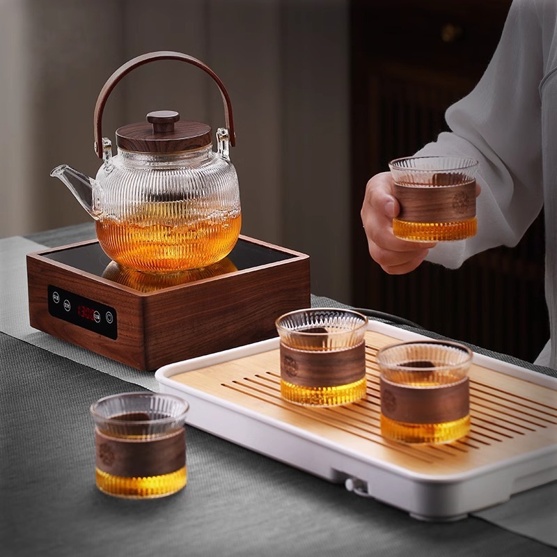 批发高硼硅玻璃茶壶胡桃木盖子泡茶壶一件代发竖条纹提梁壶煮茶器|undefined