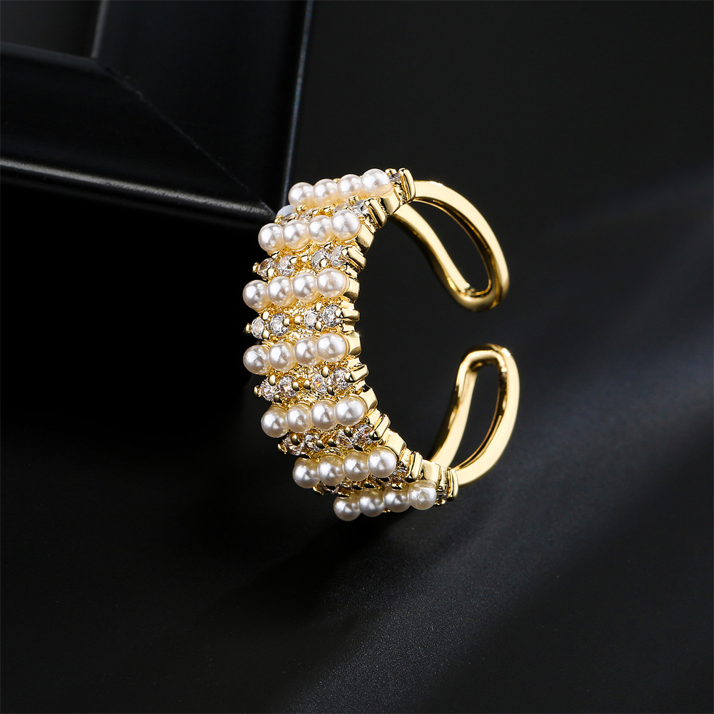 Copper Plated 18k Gold 4 Rows Millet Pearl Opening Design Adjustable Ring display picture 4