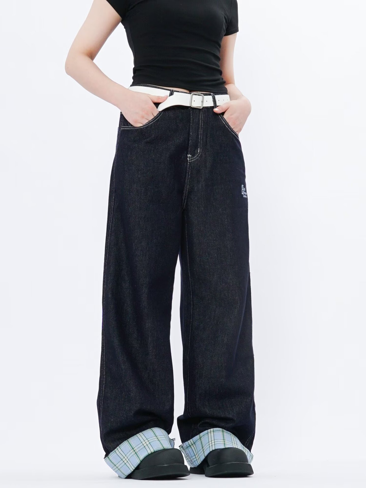 American Style Straight-Leg Rolled Hem Jeans Men Women, Spring And Autumn New Loose Patchwork Plaid Blue Pants For Men,_mkmklike.com