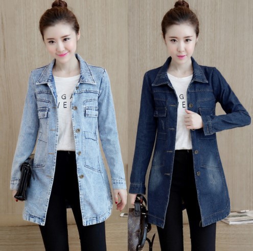 Women's Korean-style Long-sleeved Denim Jacket Slim-fit Single-breasted Mid-length Trenchcoat Top Women's Korean-style Long-sleeved Denim Jacket Slim-fit Single-breasted Mid-length Trenchcoat Top