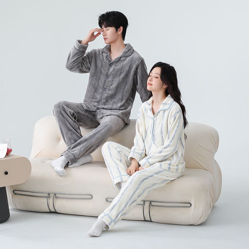 플란넬 남성과 여성의 가을, 겨울 간단한 가정복 스트라이프 가디건 커플 세트 두꺼운 따뜻한 잠옷 밖에서 착용 가능