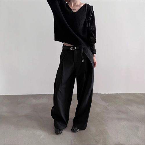 Dark Gothic Pleated Design Men's Versatile Trendy Leisure Wide Leg Pants with Drape Effect Floor-Length Long Pants