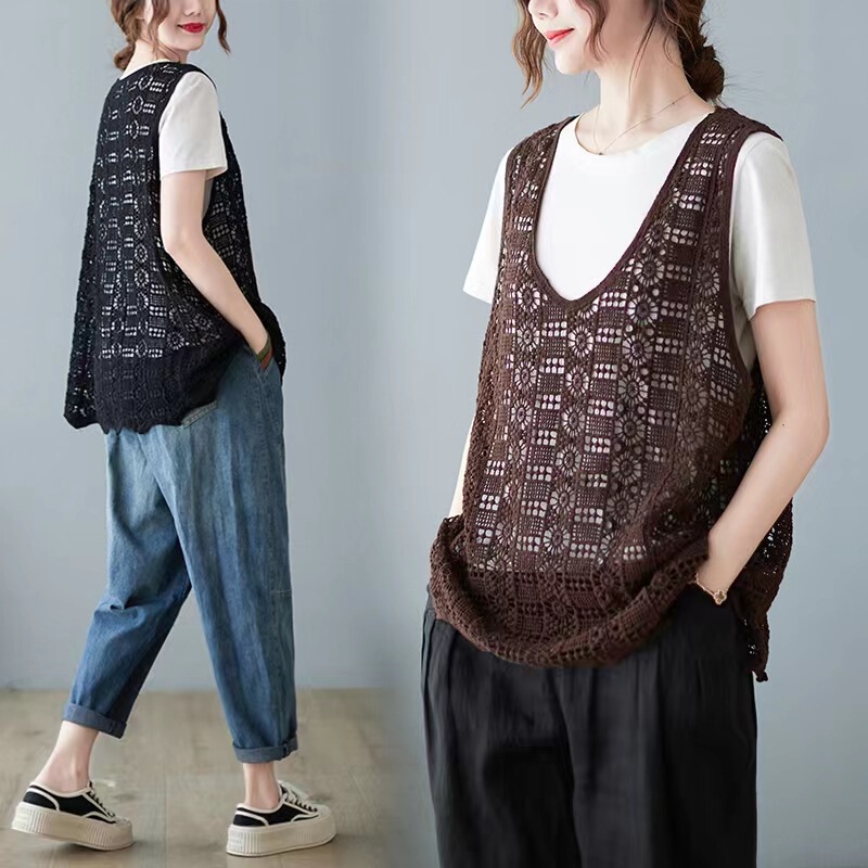 Hollow-out knitted vest women's design retro artistic fashion casual outer wear cotton and linen polka dot mesh pullover top