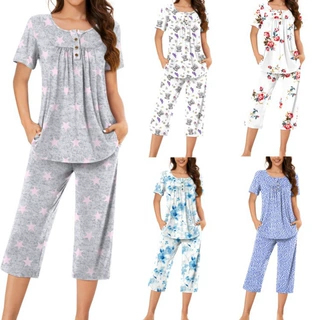 外贸2025夏季新款亚马逊欧美家居服睡衣时尚休闲印花短袖套装女装