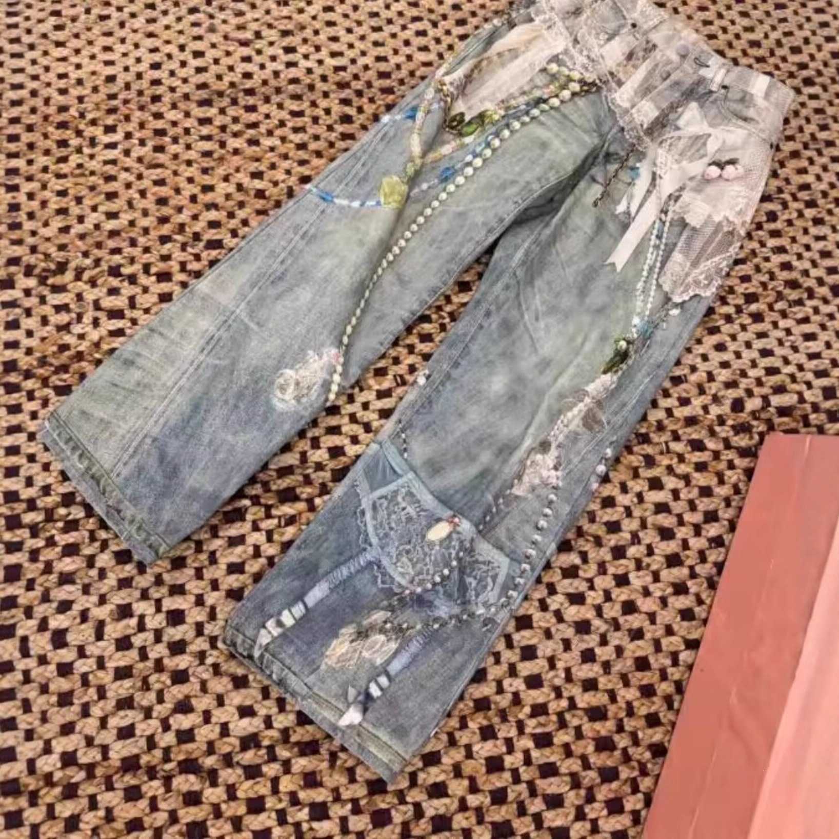 High Version~ A New 3D Printing Three-dimensional Lace Pearl Heavy Industry Printing Scimitar Straight Jeans Trousers_ecoleips.com