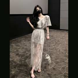 欧货简约名媛气质蝴蝶结短袖上衣拼后开叉蕾丝半身裙港风两件套女