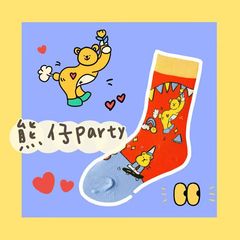 趣味動物園郊遊小熊多彩拼色創意卡通插畫ins潮流學院風中筒襪