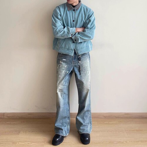 JIAMU Vintage American High Street Baggy Fit Unisex Wide Leg Floor-Length Spray Stain Bleached Distressed Design Jeans