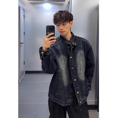 美式水洗立领牛仔外套男款秋季高街痞帅做旧夹克潮牌宽松休闲上衣
