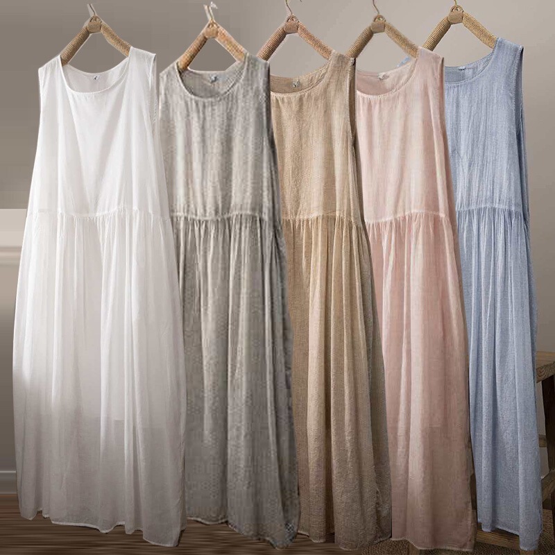 Cotton and Linen Dress for Women, Summer 2026 New Collection, Artistic Style, Plus Size, Solid Color, Round Neck, Mid-Length, Sleeveless Tank Dress, Base Dress Cotton and Linen Dress for Women, Summer 2026 New Collection, Artistic Style, Plus Size, Solid Color, Round Neck, Mid-Length, Sleeveless Tank Dress, Base Dress