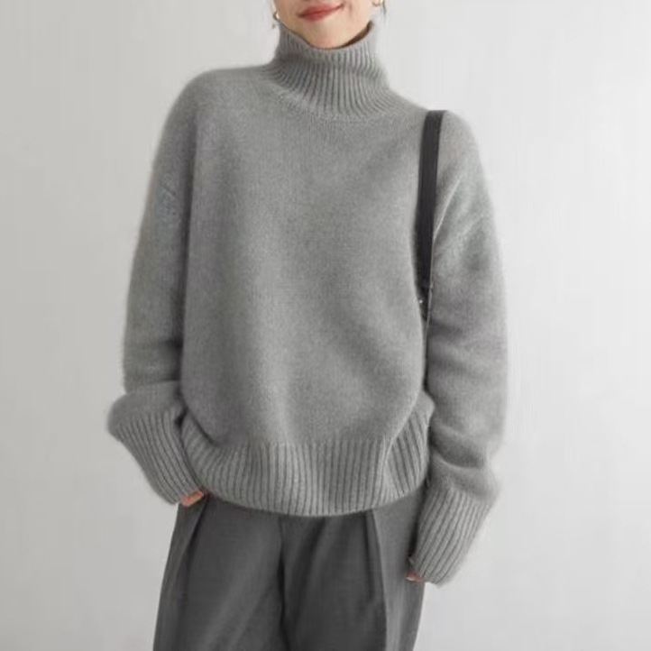 Maglione oversize a collo alto – Pullover minimalista a coste (morbido misto poliestere, vestibilità comoda, tinta unita cammello/beige/marrone/grigio, capo essenziale per il lavoro e il weekend)_voghion.com