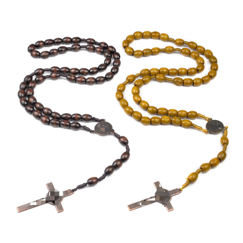 Natural Prayer Beads Cross Necklace, Handmade 8* 10m Wooden Beads, Hot-Selling Cross-Border Jewelry Wholesale