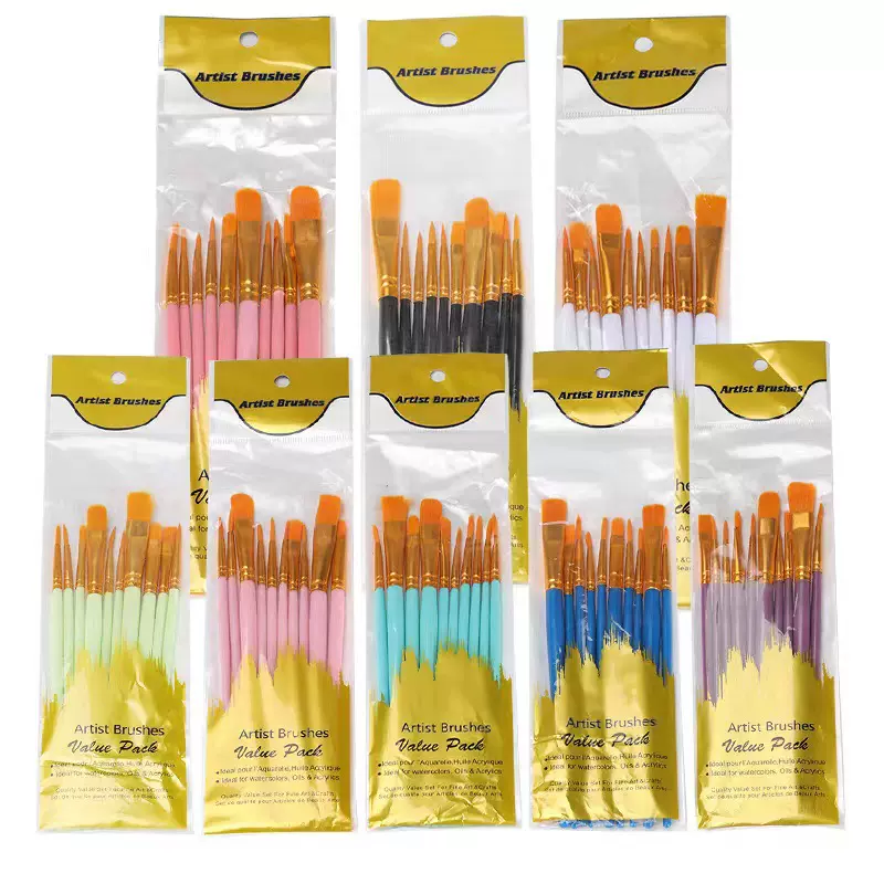 亚马逊10支油画笔套装塑料杆美术画画水彩水粉绘画笔刷油画笔套装