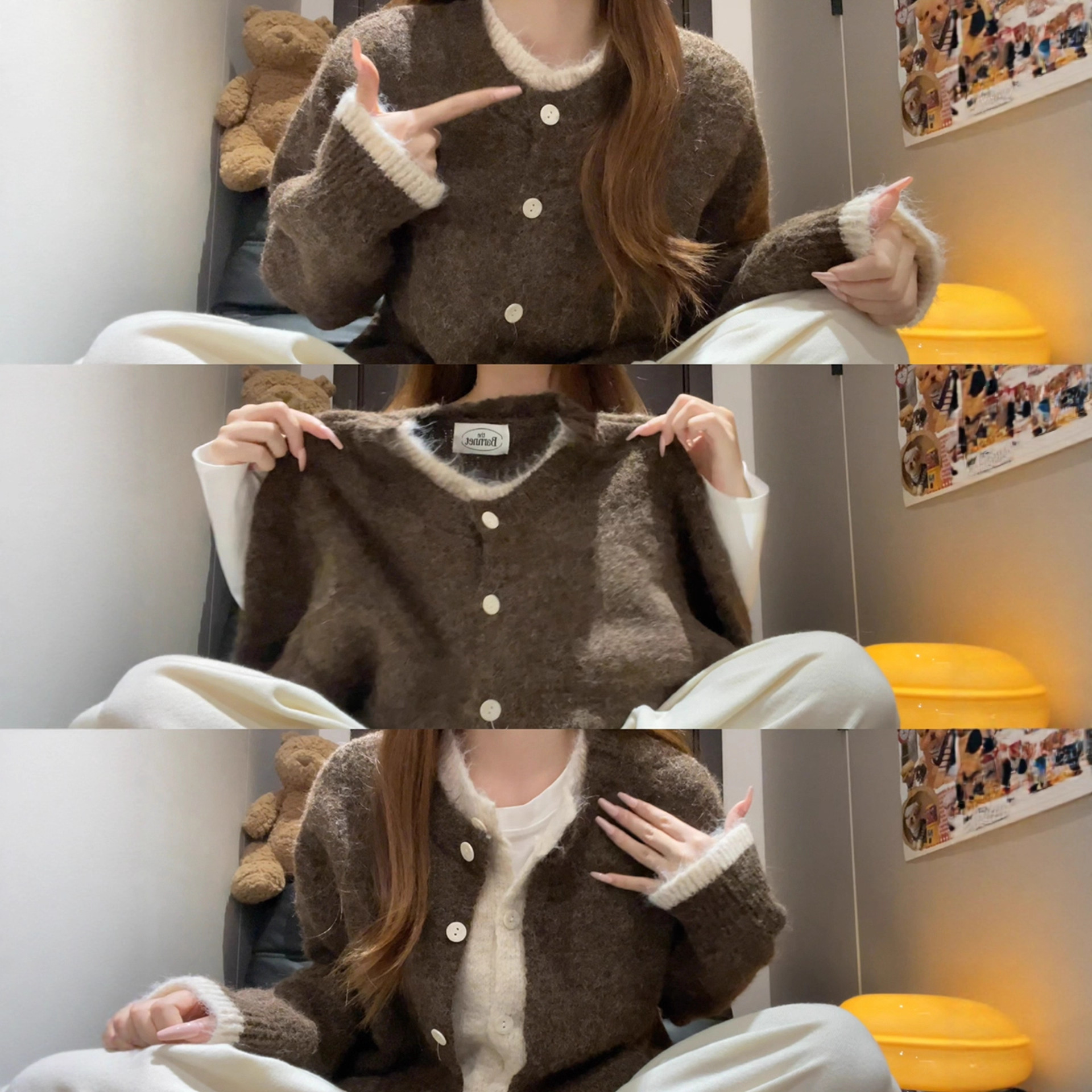 Maillard Retro Brown Fake Two-Piece Sweater for Women in Spring and Autum, High-End, Lazy Style, Versatile Knitted Top