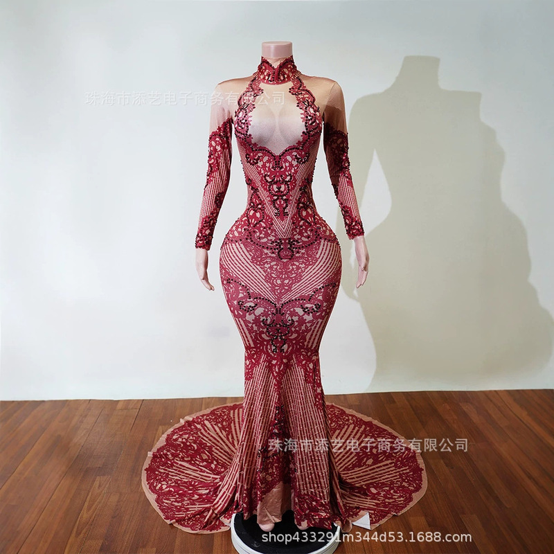 Cross-Border Burgundy Rhinestone Printed Fishtail Gown with High Collar, Long Sleeves, and Long Train, Suitable for Pageants and Evening Events Cross-Border Burgundy Rhinestone Printed Fishtail Gown with High Collar, Long Sleeves, and Long Train, Suitable for Pageants and Evening Events